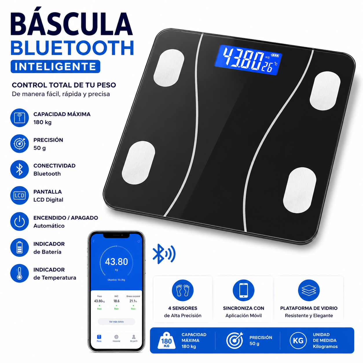 BÁSCULA DIGITAL BLUETOOTH INTELIGENTE 180 KG – PANTALLA LCD