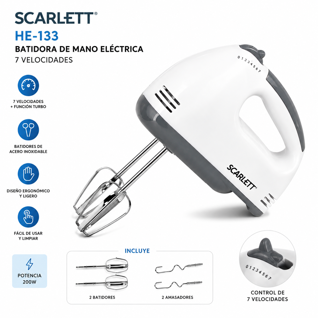 BATIDORA DE MANO ELÉCTRICA SCARLETT HE-133 – 7 VELOCIDADES
