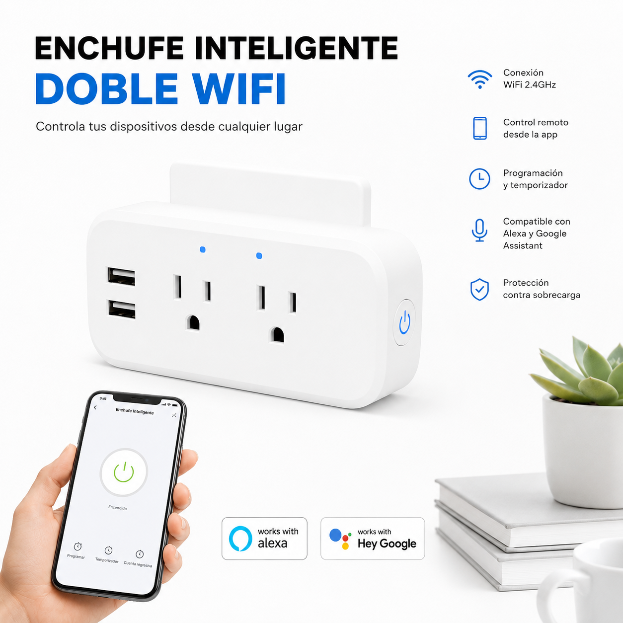 Enchufe Inteligente Doble WiFi | Control Remoto desde el Celular