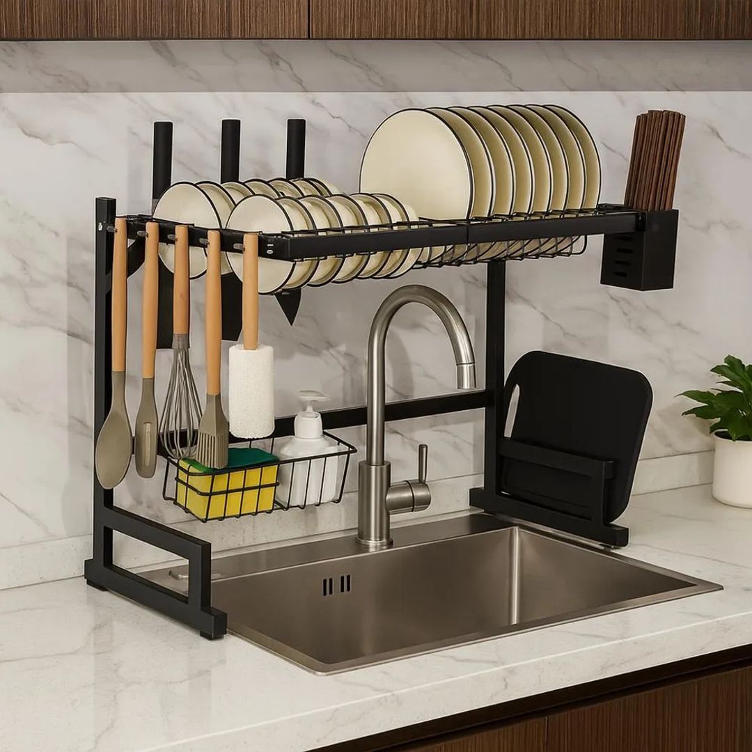 Escurridor Organizador de Platos 65 cm con Porta Utensilios