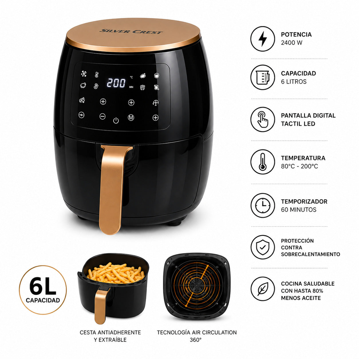 Freidora de Aire Digital Silver Crest 6 Litros – 2400W