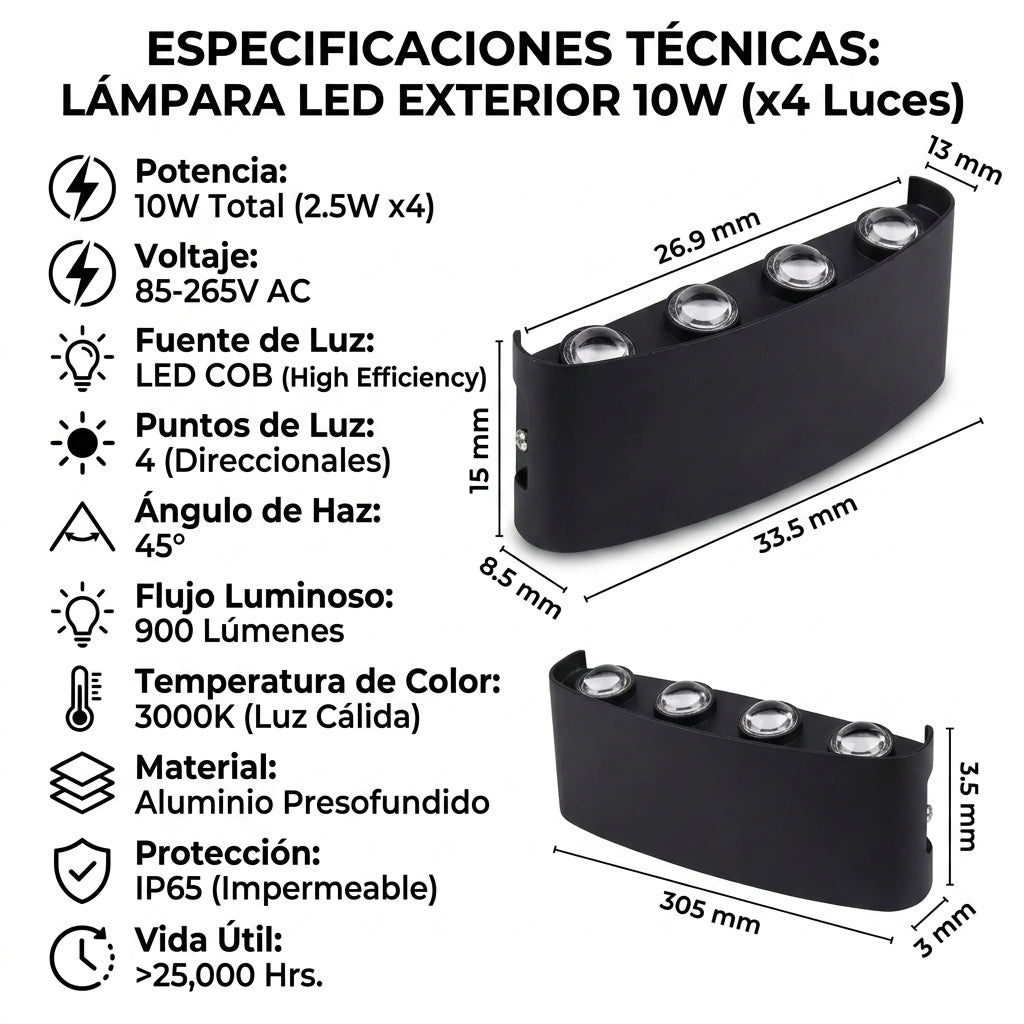 Lámpara LED Para Exteriores 10W X4 Luces
