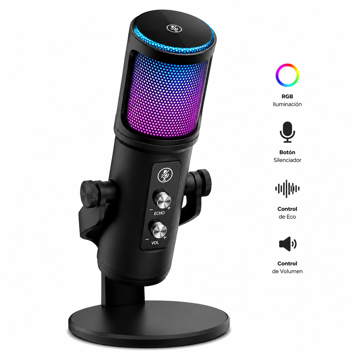 Micrófono Condensador RGB ZX-776 | Cancelación de Ruido | Control de Volumen y Eco