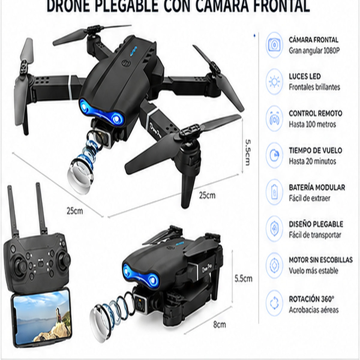 Drone Plegable con Cámara Frontal + Control Remoto y Luces LED